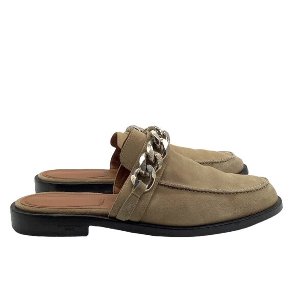 GIVENCHY Suede Mule Loafers 8.5 Slip On Flats Silver Chain Trim Slide Open Back - Picture 1 of 10